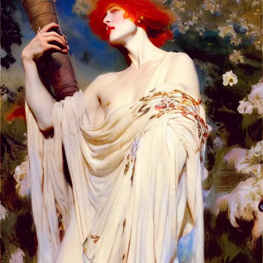 Image similar to redheaded prophetess, fully clothed in white floral chiton, ancient greece, by john singer sargent and gaston bussiere and james jean and grzegorz rutkowski