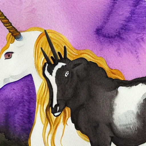 Prompt: watercolour painting of a unicorn and a goat