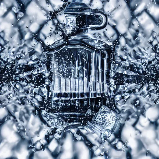 Prompt: symmetrical photo of bottle standing on ice