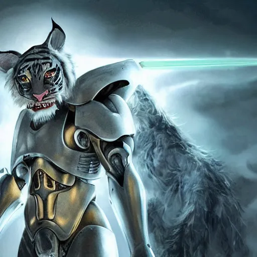 Image similar to a humanoid with cat-like features, yellow eyes, teeth that protrude past the lower lip (sort of like a saber-tooth tiger) and fine grayish fur on their faces and backs of their hands wearing futuristic alien armor and carrying weapons, octane,