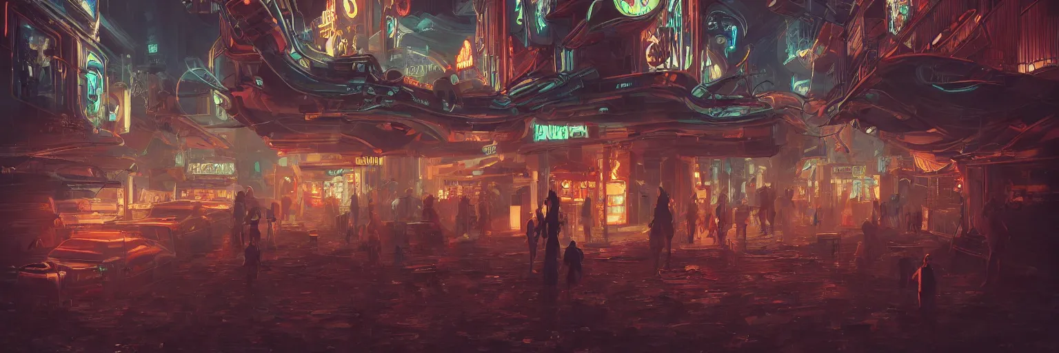 Image similar to beautiful low angle painting of an alien world with sleek architecture in the style of junji ito, steampunk, ultra detailed, broken neon signs, a tiny girl watching on, elegant, artstation, dramatic lighting, glowing light and shadows, trending on artstation, octane render