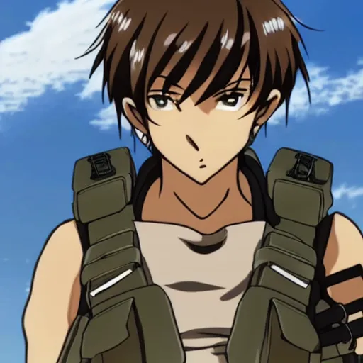 Prompt: Anime military EOD protagonist with light brown hair and brown eyes, Key Still, character design, full body shot