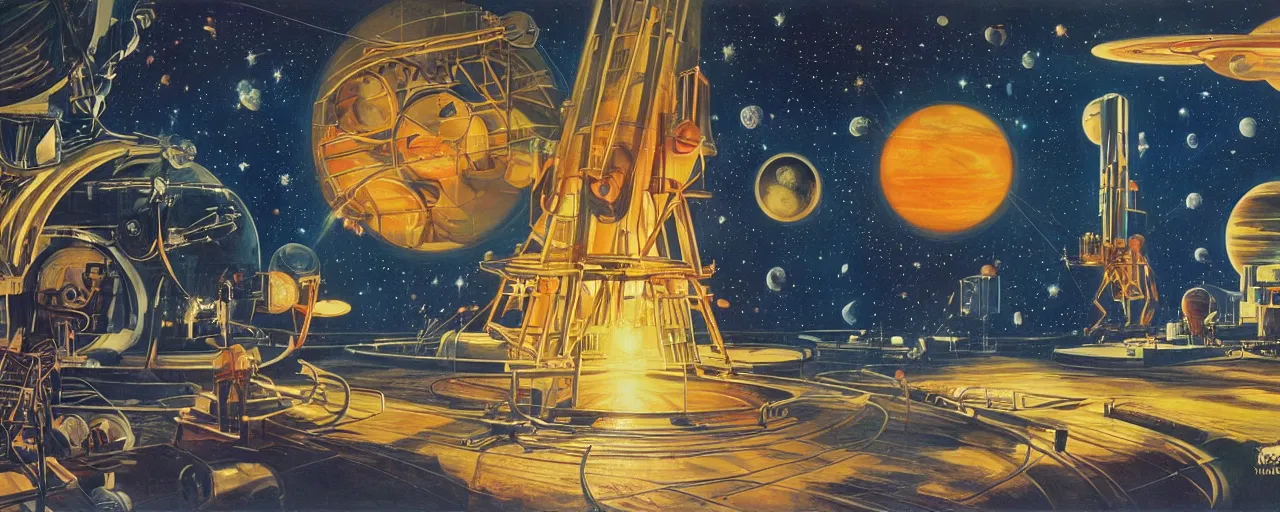 Prompt: a beautiful future for space program, astronauts and space colonies, utopian, by david a. hardy, wpa, public works mural