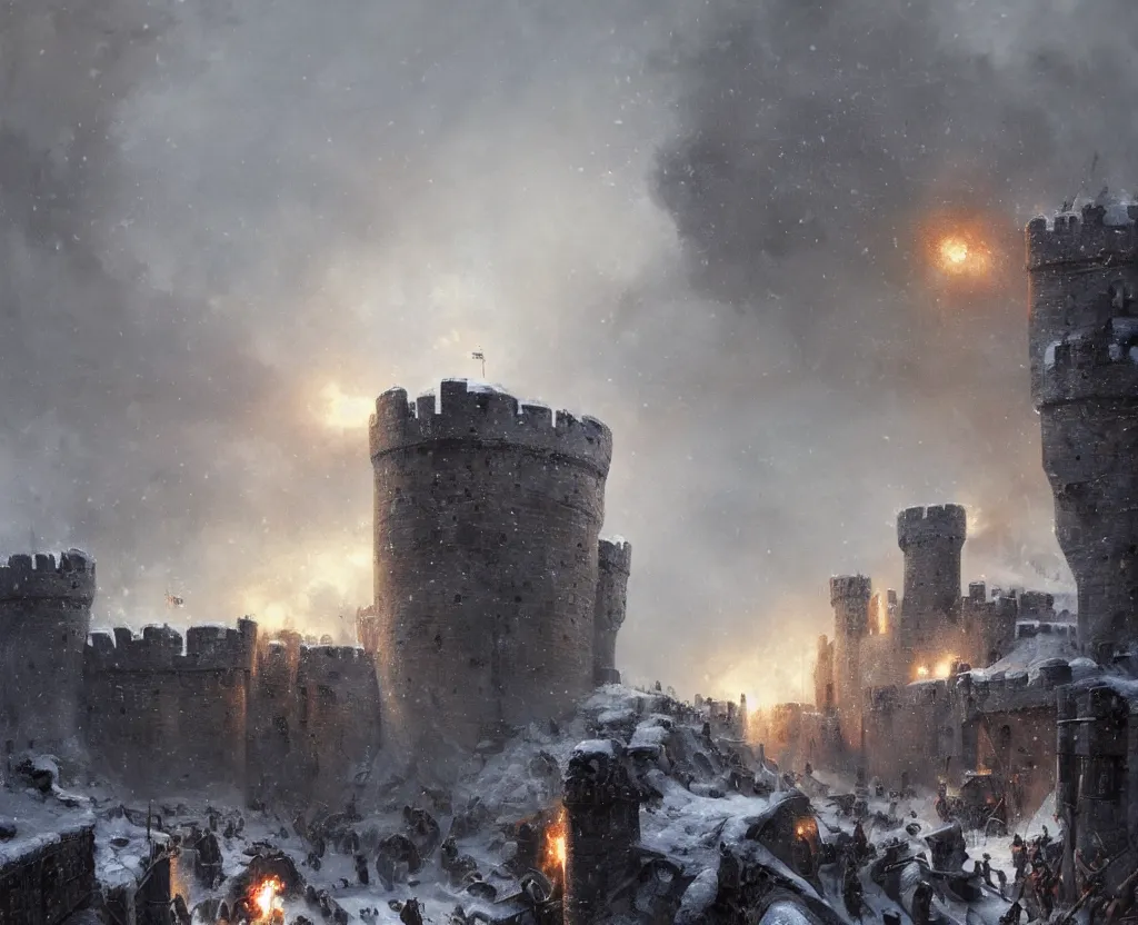 Image similar to Siege of a medieval castle in winter while two great armies face each other fighting below and catapults throw stones at the castle destroying its stone walls, heavy snow storm, fantasy, medieval, fire, explosions and grey smoke here and there, highly detailed, Artstation, oil on canvas painting by greg rutkowski