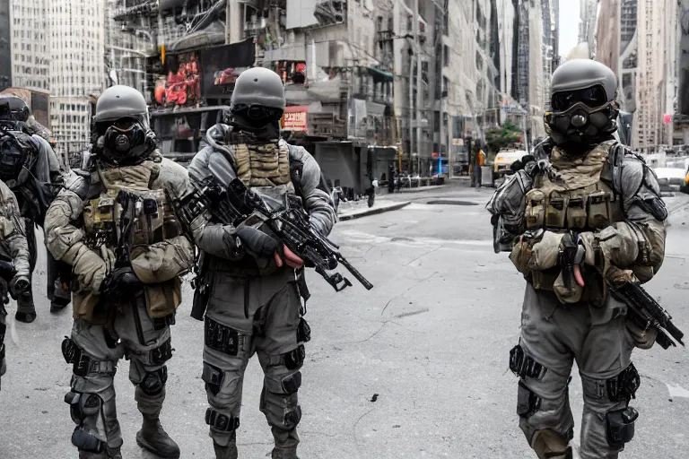 Image similar to Mercenary Special Forces soldiers in grey uniforms with black armored vest and helmets in urban warfare in New York 2022, Canon EOS R3, f/1.4, ISO 200, 1/160s, 8K, RAW, unedited, symmetrical balance, in-frame, combat photography