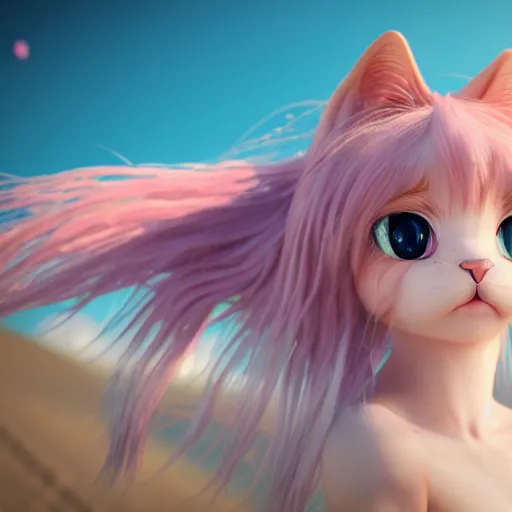 Image similar to Render of a beautiful 3d anime cat, long pink hair, hazel eyes, cute freckles, full round face, soft smile, cute sundress, golden hour, serene beach setting, medium shot, mid-shot, hyperdetailed, trending on Artstation, Unreal Engine 4k