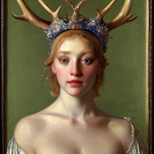 Prompt: a detailed portrait of a blonde haired blue eyed queen of glitter with an antler crown by edgar maxence and caravaggio and michael whelan and delacroix