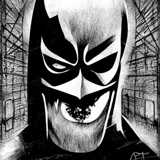 Image similar to grunge drawing of batman by mrrevenge, horror-themed, detailed, elegant, intricate