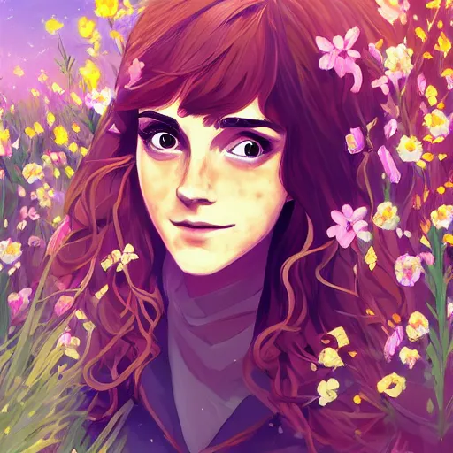 Image similar to portrait of Emma Watson as Hermione, dressed as Cleopatra, field of flowers background, rich vivid colors, ambient lighting, dynamic lighting, 4k, HQ, anime key visual, makoto shinkai, ilya kuvshinov, lois van baarle, rossdraws, detailed, trending on artstation