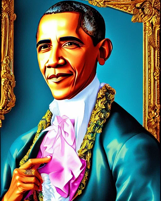 Prompt: obama by greg hildebrant lisa frank fancy rococo baroque regal oil painting high quality award winning clothed in fancy garb