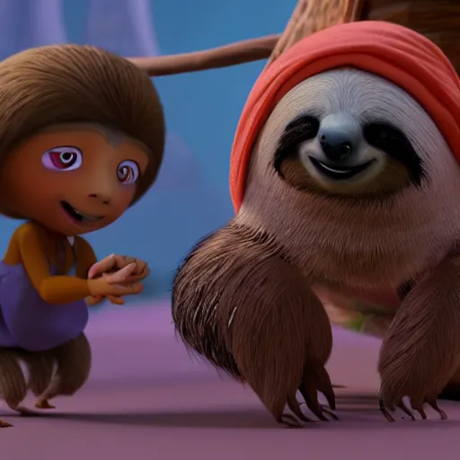 Prompt: a beautiful young indian cottagecore witch holds a cute sloth, traditional disney animation, highly detailed, still from movie, 8 k render