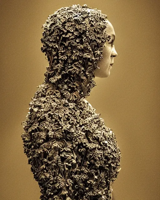 Prompt: a woman's face in profile, made of intricate decorative ivy, in the style of the dutch masters and gregory crewdson, dark and moody