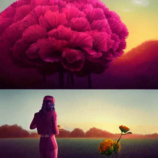 Image similar to giant carnation flower head, frontal, girl in a suit, surreal photography, sunrise, dramatic light, impressionist painting, digital painting, artstation, simon stalenhag