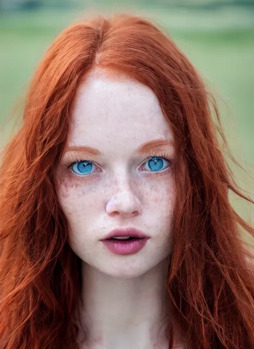 Image similar to close up portrait photograph of a thin young redhead woman with russian descent, sunbathed skin, with deep blue eyes. Wavy long maroon colored hair. she looks directly at the camera. Slightly open mouth, face takes up half of the photo. a park visible in the background. 55mm nikon. Intricate. Very detailed 8k texture. Sharp. Cinematic post-processing. Award winning portrait photography. Sharp eyes.