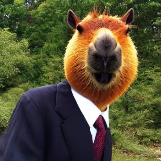 Image similar to an antropomorphic capybara wearing a suit smoking a cigar