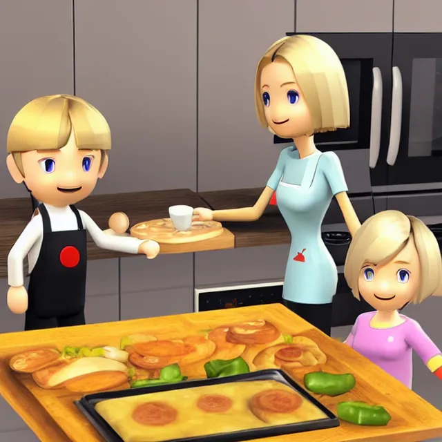 Prompt: videogame box art for the gratin maker 3 ds showing a blonde female mii and a brunette male mii smiling in a kitchen with a gratin in front of them, low poly, cgi cartoon, detailed