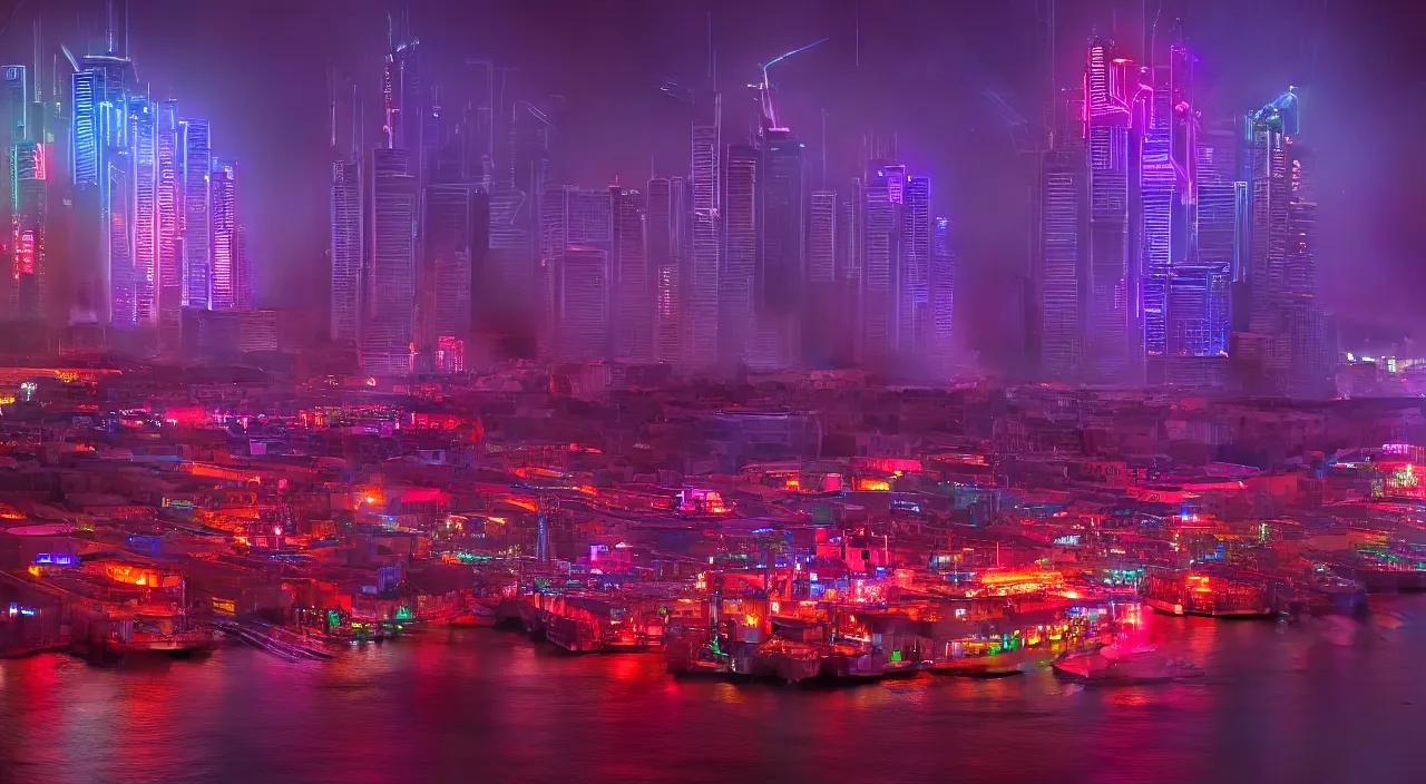 Image similar to Cyberpunk Shipping Port, futuristic Phnom-Penh Cambodia, neon lighting