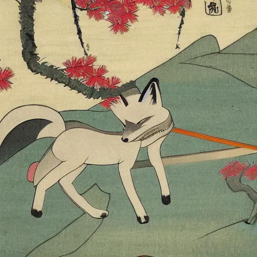 Prompt: samurai fox with a katana. sakura forest in the background. old japanese painting. fresco