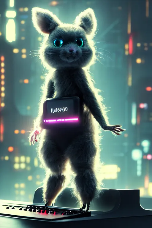 Image similar to high quality 3 d render very cute fluffy cyborg!! rat! plays keyboard, cyberpunk highly detailed, unreal engine cinematic smooth, in the style of blade runner & detective pikachu, hannah yata charlie immer, moody light, low angle, uhd 8 k, sharp focus