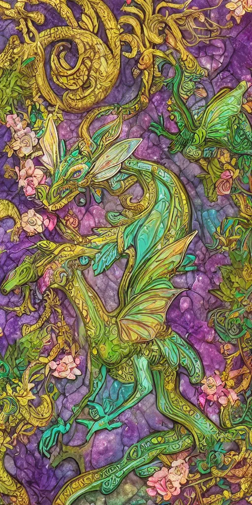 Prompt: intricate colourfully painted carved Soapstone relief paneling of a fairy dragon, faerie, gold and amethyst, mythical, vibrant vegetation, trees, flowers, dream atmosphere, bright colors, vivid colors, Ghostly, crystaline celtic, insanly detailed , trending on artstation, wallpaper, hyper realistic, realistic lighting, ambient occlusion, 8k, unreal engine, octane render, HDR, HD, award winning, featured, VFX, CGI