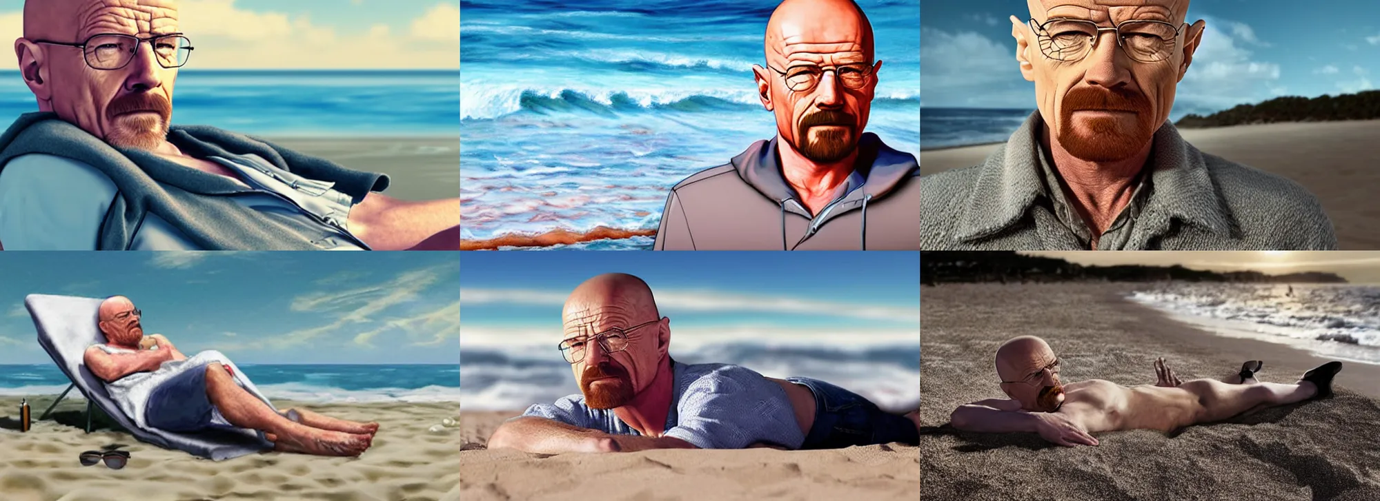 Prompt: walter white relaxing on the beach, photorealistic