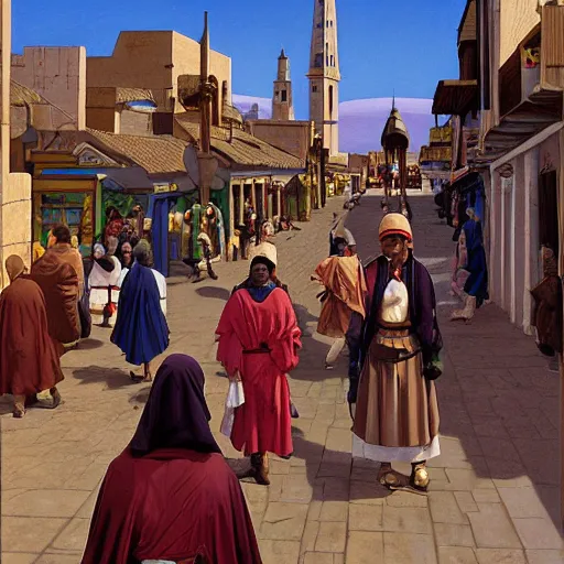 Prompt: people in the streets of Tordejas, the port capital of the Kingdom of Fuenia, in the year 1165. matte painting by James Gurney. gouache art by Angus McBride.