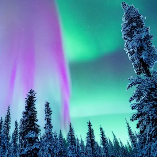 Prompt: high res cinematic film still of a frozen forest with aurora in the sky 4k