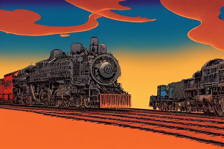 Image similar to old western freight train illustration by joe fenton and syd mead and p. craig russell and barry windsor - smith, artstation, 4 k, graphic novel, concept art, matte painting, steam engine spewing billowy white clouds of steam, beautiful idyllic mountain desert sunset background, golden hour, art nouveau