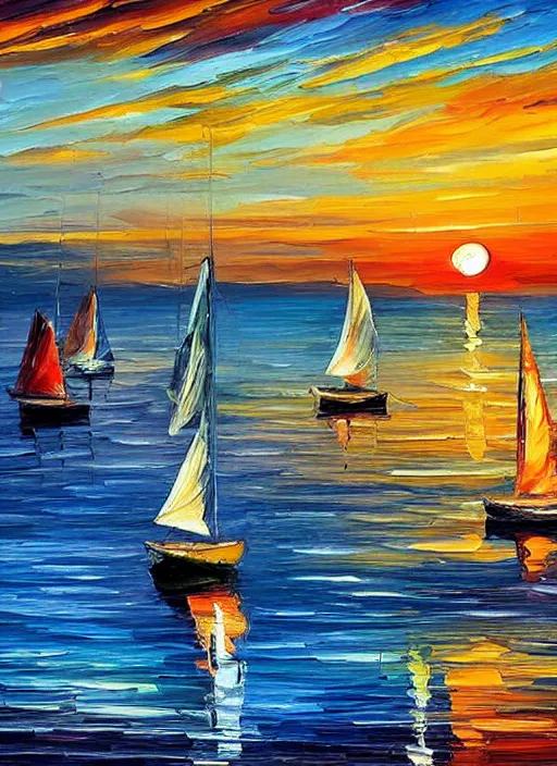 Image similar to beautiful seaside greek sunset with sailboats in the style of leonid afremov