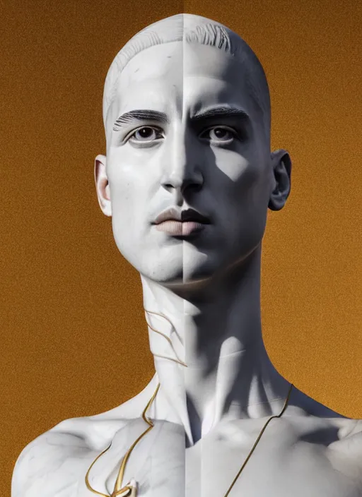 Image similar to a statue made of white marble with gold veins, of klay thompson, transhumanism, full body shot, perfect symmetrical body, perfect symmetrical face, hyper realistic, hyper detailed, by johannen voss, by peter kemp, by monia merlo, by michelangelo, octane render, blender, 8 k