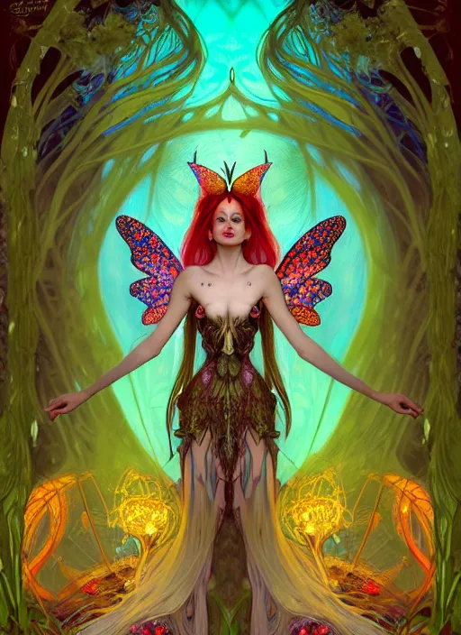 Image similar to stunningly beautiful female faerie priestess in amanita muscaria forest landscape, symmetrical wings on back, neon hair, fantasy art, wearing a dress of gossamer gold, inner glow, dark light night, sharp focus, digital painting, 4 k, concept art, by alphonse mucha, brom, face by otto schmidt,