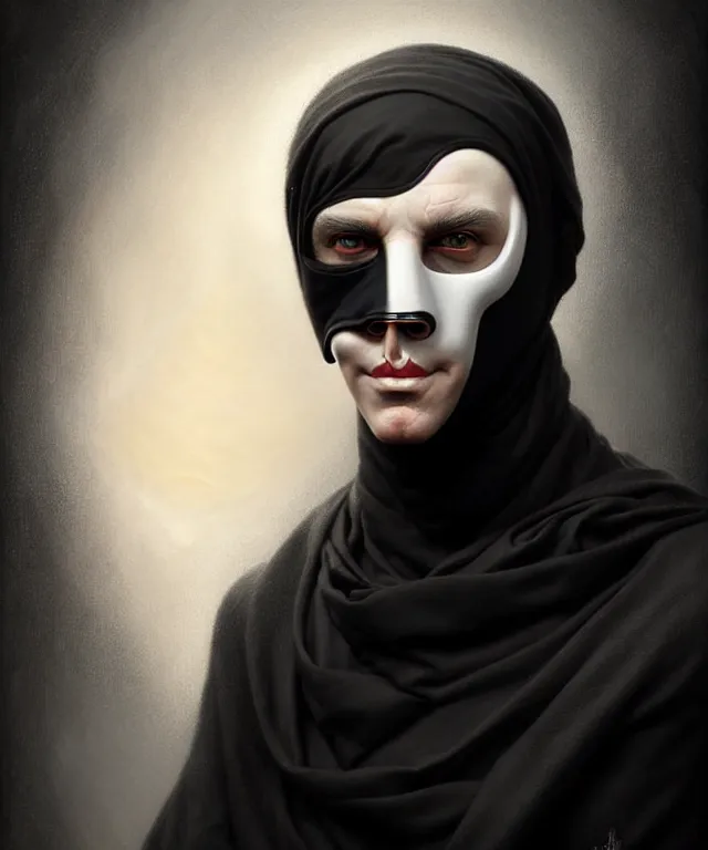 Image similar to white man with black fabric mask, short dark hair, highly detailed face!!!, true anatomy!, extremely detailed!, digital painting, unreal engine 5, art by tom bagshaw