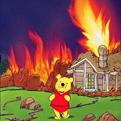 Prompt: winnie the pooh lighting a house on fire, in the style of winnie the pooh