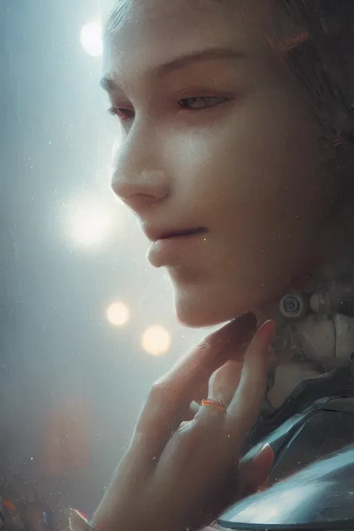 Image similar to The sentimental life of robots , joyful, close-up portrait, intricate, elegant, volumetric lighting, scenery, digital painting, highly detailed, artstation, sharp focus, illustration, concept art, ruan jia, steve mccurry