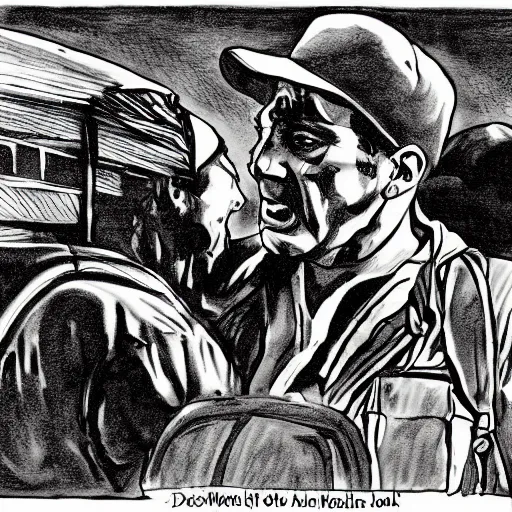 Prompt: i'll be all around in the dark - i'll be everywhere. wherever you can look - wherever there's a fight, so hungry people can eat, i'll be there. tom joad drawn by james e allen. dustbowl