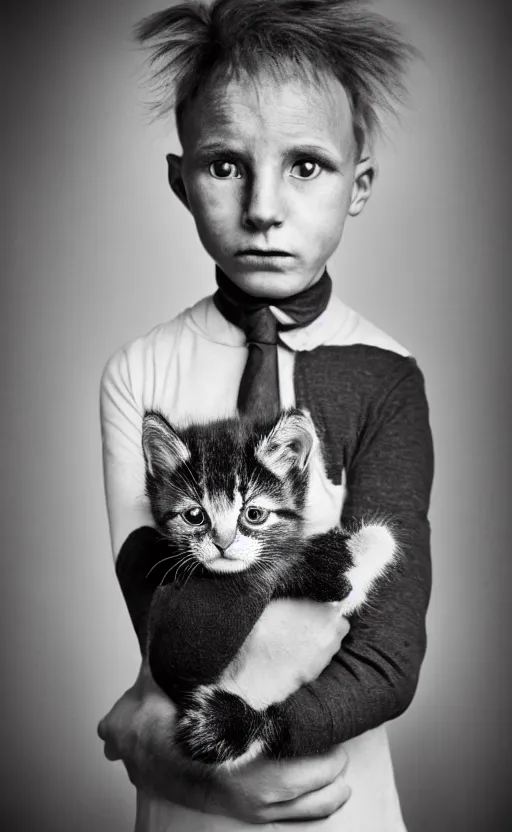 Image similar to Award winning Editorial photo of an adorable kitten standing by Edward Sherriff Curtis and Lee Jeffries, 85mm ND 5, perfect lighting, gelatin silver process