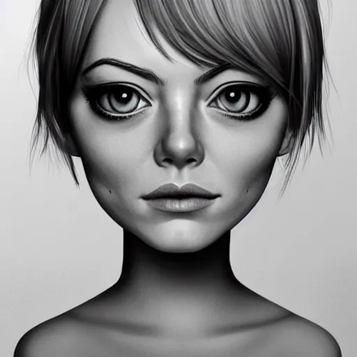 Prompt: emma stone portrait, cartoon face, doll face, glam, character art, digital illustration, big eyes, triangular face, semirealism, ealistic shaded perfect face, fine details, realistic shaded lighting, poster by samdoesarts sam yang