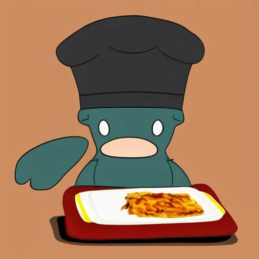 Image similar to cute platypus on a kitchen wearing a chef hat and holding a lasagna into an oven, digital art