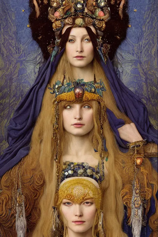 Image similar to coronation portrait of the goddess of the Last Tree, by Donato Giancola and John Bauer and John William Godward and Vermeer, embroidered velvet, iridescent beetles, rich color, ornate headdress, flowing robes, lost runes, ancient civilizations, dramatic cinematic lighting, featured on Artstation, cgisociety, unreal engine, extremely detailed