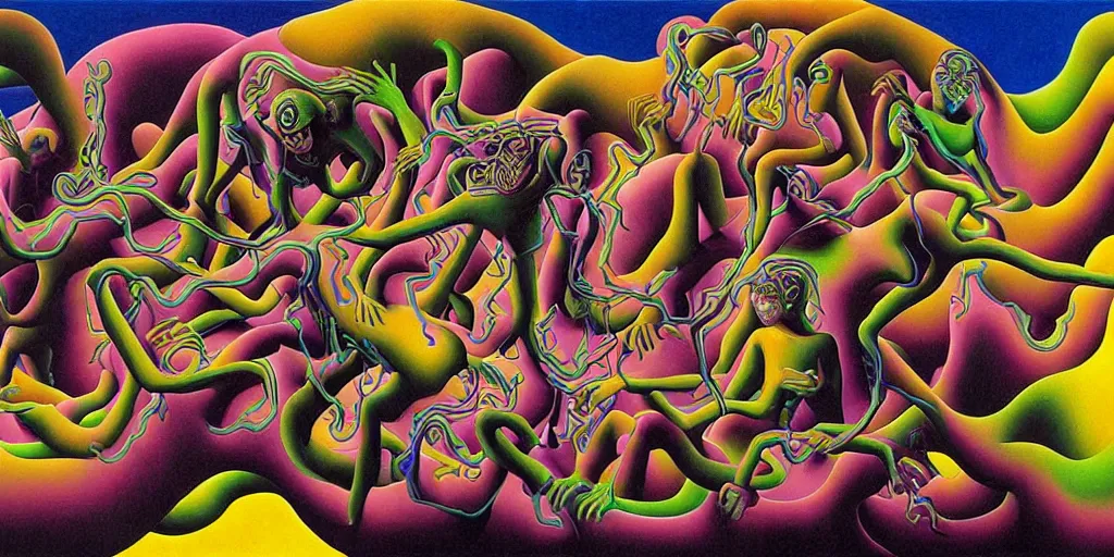 Prompt: basilisk, pain, pleasure, suffering, adventure, alex grey psychedelic dripping color love, abstract oil painting by mc escher and salvador dali gottfried helnwein
