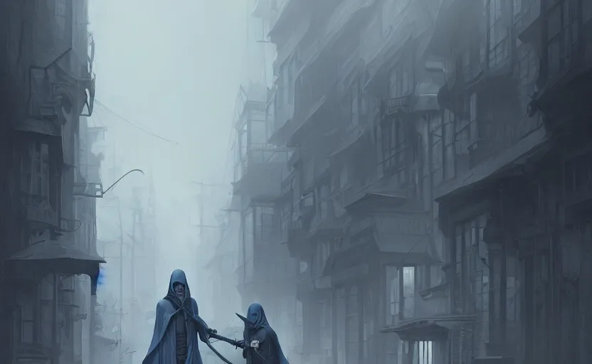 Prompt: the grim reaper, standing on a city street, soft grey and blue natural light, intricate, digital painting, artstation, concept art, smooth, sharp focus, illustration, art by greg rutkowski and luis rollo and uang guangjian and gil elvgren, symmetry!