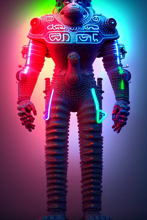 Prompt: high quality 3 d render neon cyborg!! hanuman! madhubani, highly detailed, cyberpunk mumbai in the background, unreal engine cinematic smooth, in the style of solaris, hannah yata charlie immer, moody light, low angle, uhd 8 k, sharp focus