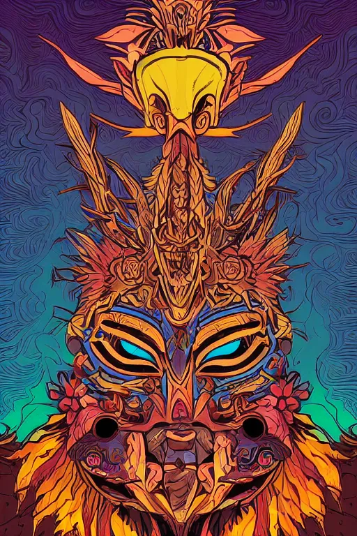 Image similar to animal mask totem roots flower tribal feather gemstone plant wood rock shaman vodoo video game vector cutout illustration vivid multicolor borderlands comics by josan gonzales and dan mumford radiating a glowing aura