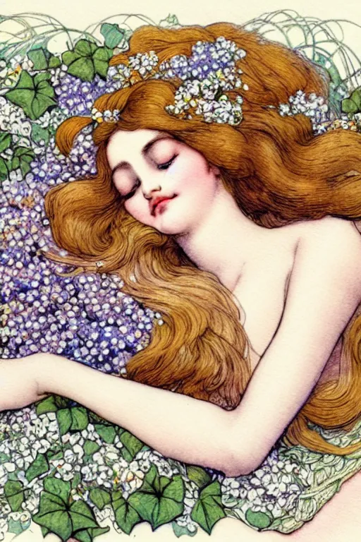 Image similar to closeup face shot of sleeping woman with long hair on a bed surrounded by ivy and flowers, fantasy art, trending on artstation, sleeping beauty fairytale, art by hans zatzka and walter crane and kay nielsen, watercolor illustration,