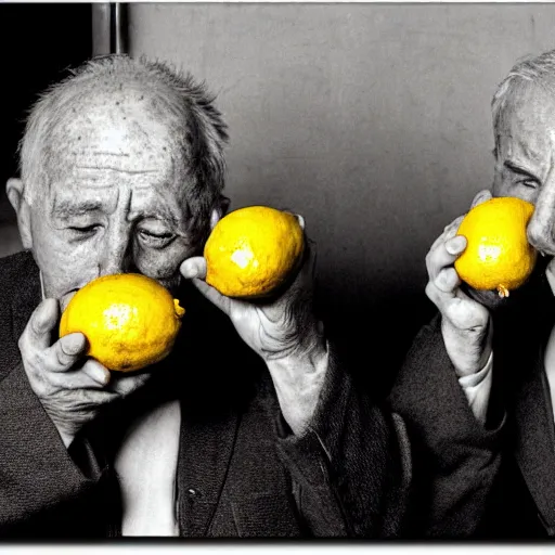 Image similar to old men eating lemon very detailed photo award winning