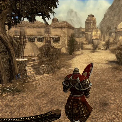 Image similar to attacking screenshot of george st. pierre in morrowind, imperial armor, pc graphics, npc talking, wilderness, 7 2 0 p, elder scrolls iii, detailed, dialog text