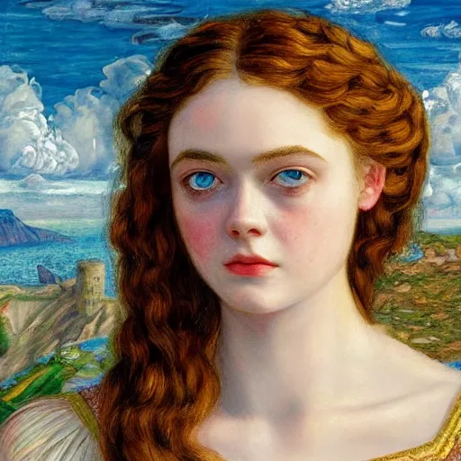 Image similar to professional painting of Elle Fanning in Santorini in the style of Eleanor Fortescue-Bricksdale, head and shoulders portrait, symmetrical facial features, smooth, sharp focus, illustration, intricate, stormy weather, extremely detailed masterpiece,