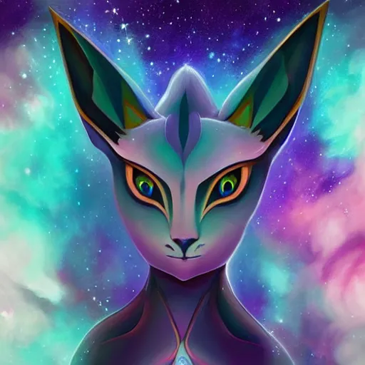 Image similar to geometric symmetrical espeon with galaxy eyes in space, nebula in the background, intricate, elegant, highly detailed, digital painting, artstation, concept art, smooth, sharp focus, illustration, art by artgerm