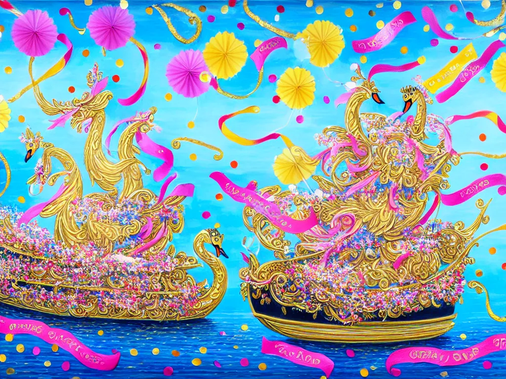 Prompt: a highly detailed painting of a fantasy ornate embellished swan boat cruise ship covered in flowers, streamers, confetti, pin wheels, kites.