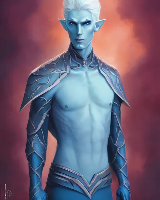 Image similar to character portrait of a slender young half elven man with white hair, piercing turquoise blue eyes, and pale blue skin, wearing sleek pearlescent black armor, by greg rutkowski and mark brookes and jim burns and tom bagshaw and magali villeneuve, trending on artstation